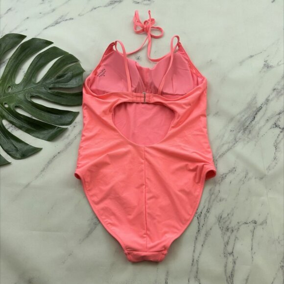 Athleta Womens Key Hole One Piece Swimsuit Size M Neon Pink Halter Strappy - Picture 2 of 3